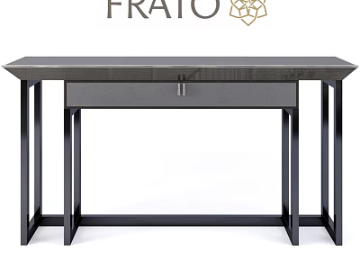Modern Minimalist Gray Top Dining Table With Black Metal Frame And Drawer 3d model
