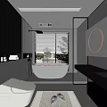 Modern Bathroom Interior With Gray Walls Freestanding Bathtub Vanity Sink And Round Mirrors