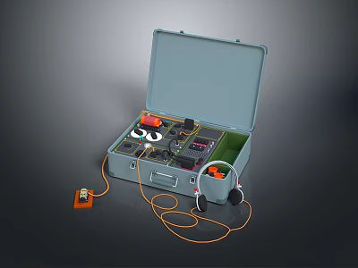 Tactical Weapon Open Case With Electronic Components Wires Headphones And Orange Device 3d model
