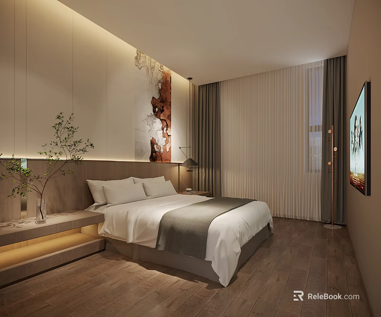 Modern Hotel Guest Room Interior With Comfortable Bed Decorative Painting And Wooden Floor 3d model 