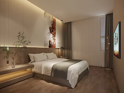 Modern Hotel Guest Room Interior With Comfortable Bed Decorative Painting And Wooden Floor 3d model