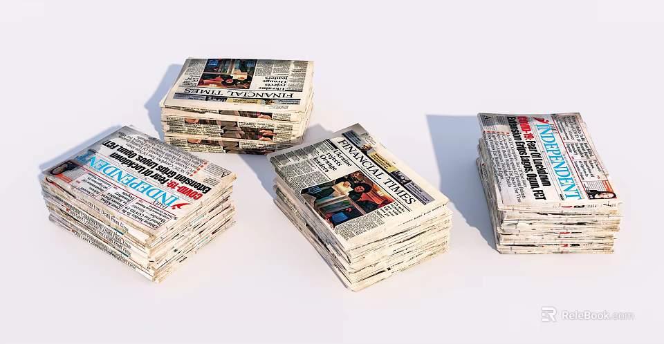 Multiple Stacks of Newspapers Featuring Headlines Photos and Text on White Background 3d model 
