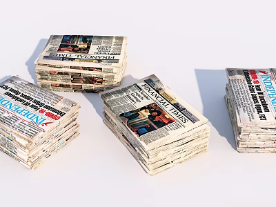 Multiple Stacks of Newspapers Featuring Headlines Photos and Text on White Background 3d model
