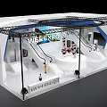 Modern WEEEXPO Exhibition Booth With White And Blue Design Staircase Display Screen And People Around