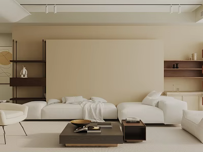 Minimalist Living Room Interior With Beige Walls White Sofa Wooden Coffee Table And Bookshelves 3d model