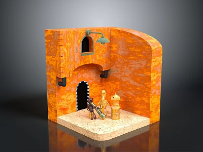 Orange Architectural Model Scene With Arched Door Window Decorative Figures And Yellow Bucket 3d model