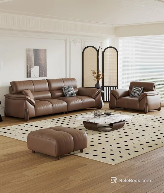 Modern Living Room With Brown Leather Sofa Ottoman And Glass Coffee Table Geometric Rug 3d model 