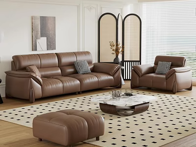 Modern Living Room With Brown Leather Sofa Ottoman And Glass Coffee Table Geometric Rug 3d model