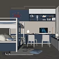Modern Kids Room Interior Design with Bunk Bed Desk Chairs Neon Sign and Shelves