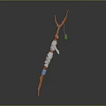 Slender Human Shaped Sculpture With Twigs White Fabric Blue Straps And Green Ball