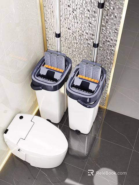 Modern Mop Buckets With Mops For Bathroom Daily Cleaning Tools Setup 3d model 