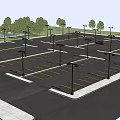Spacious Parking Lot With Multi Story Building Trees Street Lamps And Cars