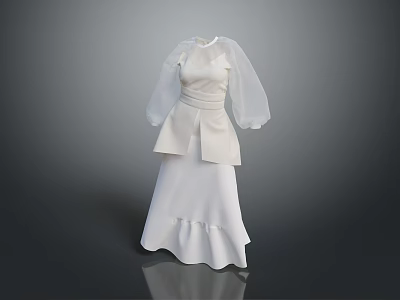 Elegant White Dress With Transparent Sleeves Cinched Waist And Ruffled Hem 3d model