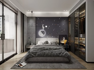 Modern Bedroom Interior With Starry Wall Mural Moon Gray Bedding And Wardrobe 3d model