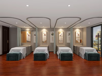 Serene SPA Massage Room Interior With White Beds Blue Stools Decorative Paintings And Wooden Flooring 3d model