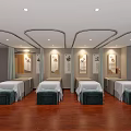 Serene SPA Massage Room Interior With White Beds Blue Stools Decorative Paintings And Wooden Flooring