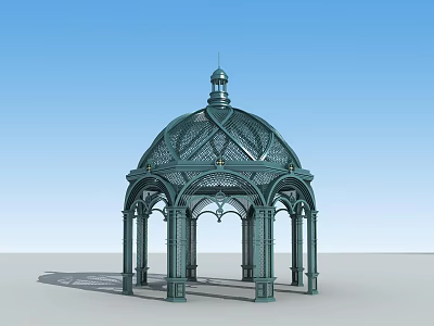Green Decorative Gazebo With Arched Structure And Ornate Roof Against Blue Sky 3d model