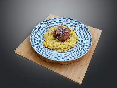 Delicious Roasted Meat With Yellow Rice On Blue White Striped Plate And Wooden Cutting Board 3d model