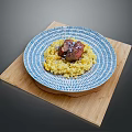 Delicious Roasted Meat With Yellow Rice On Blue White Striped Plate And Wooden Cutting Board