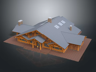 Rustic Wooden Residential House Exterior With Gray Roof Chimneys And Skylights 3d model