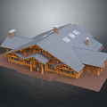Rustic Wooden Residential House Exterior With Gray Roof Chimneys And Skylights