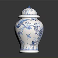 Carved Blue and White Ceramic Jar Sculpture With Floral Bird Designs And Lid