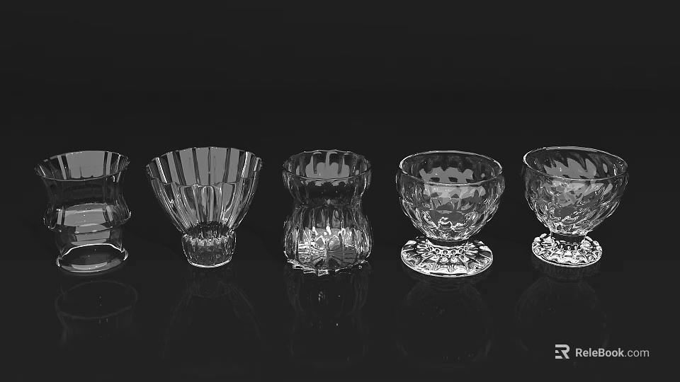Elegant Transparent Glass Cups With Intricate Patterns For Home Display And Use 3d model 
