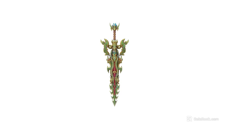 Ornate Decorative Sword With Intricate Green Red Designs And Gemstone Accents 3d model 