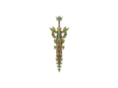 Ornate Decorative Sword With Intricate Green Red Designs And Gemstone Accents 3d model