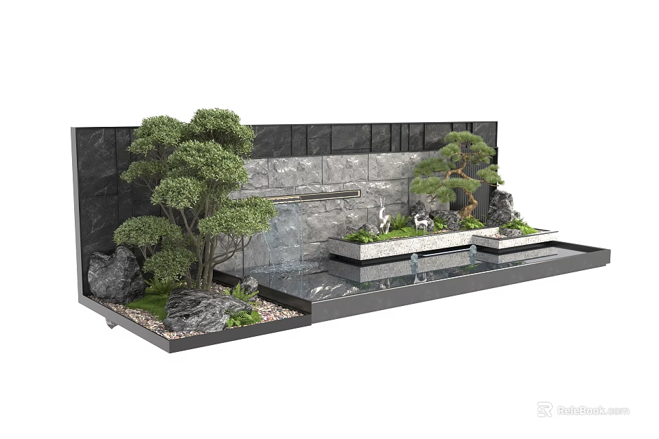 Modern Courtyard Landscape With Rock Formation Pine Trees And Water Feature 3d model