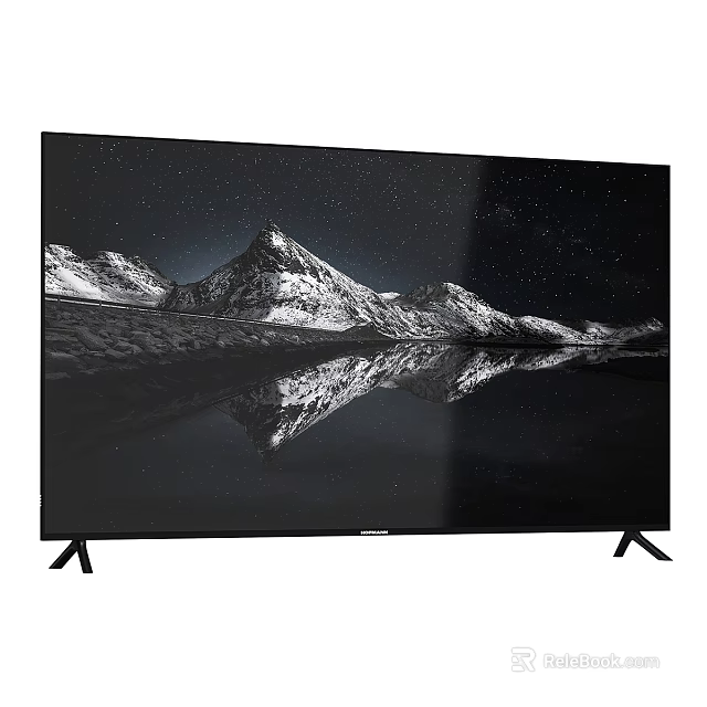 Modern Black TV Displaying Snowy Mountain And Starry Sky Reflection With Stable Stand 3d model 