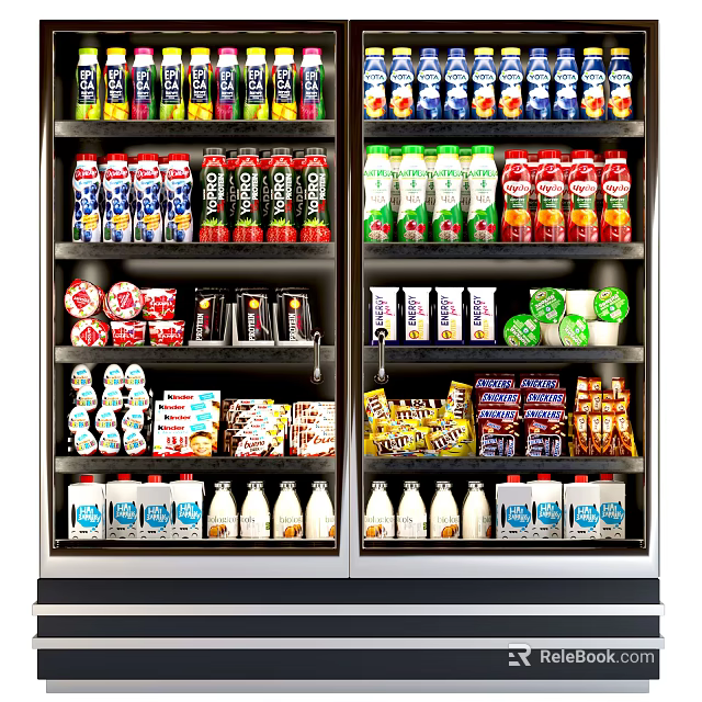 Refrigerator Freezer Interior With Various Beverages Dairy Products And Snacks On Shelves 3d model 