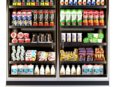 Refrigerator Freezer Interior With Various Beverages Dairy Products And Snacks On Shelves 3d model