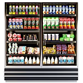 Refrigerator Freezer Interior With Various Beverages Dairy Products And Snacks On Shelves