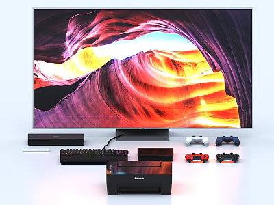 Modern TV Displaying Vibrant Natural Landscape With Game Controllers Keyboard And Printer 3d model