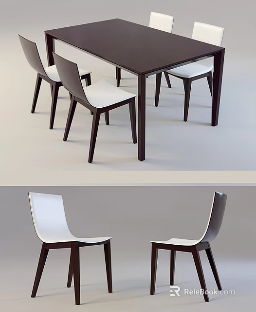 Modern Dark Brown Dining Table Set With White Seat Chairs And Dark Frames 3d model