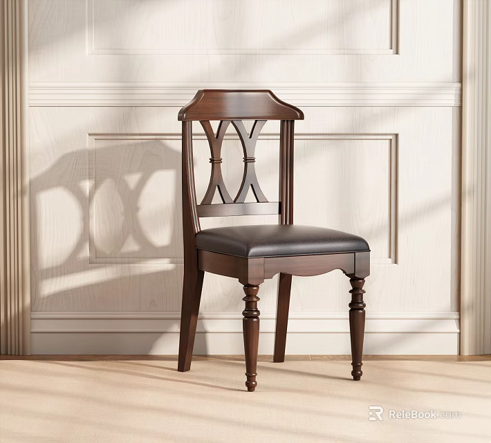 Classic Wooden Dining Chair With Carved Backrest And Leather Seat Against Light Colored Wall 3d model 