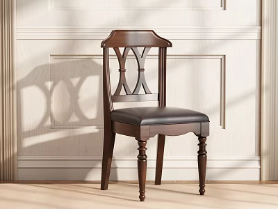 Classic Wooden Dining Chair With Carved Backrest And Leather Seat Against Light Colored Wall 3d model