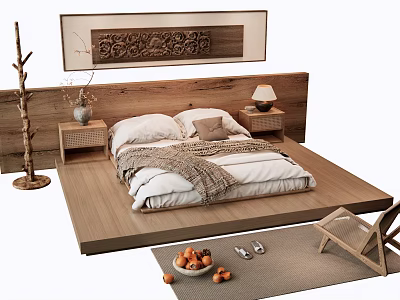 Wooden Platform Double Bed With Nightstand Table Lamp Decorative Painting Soft Blanket And Pillows 3d model