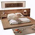 Wooden Platform Double Bed With Nightstand Table Lamp Decorative Painting Soft Blanket And Pillows