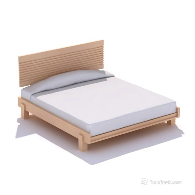 Minimalist Double Bed with Wooden Frame Vertical Slat Headboard and White Mattress 3d model 