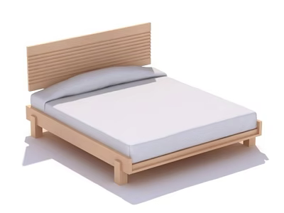 Minimalist Double Bed with Wooden Frame Vertical Slat Headboard and White Mattress 3d model