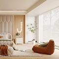 Warm Beige Bedroom Interior With Tufted Headboard White Nightstands String Lights And Potted Plant