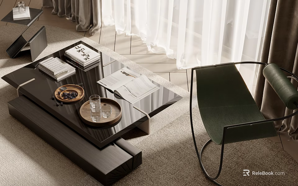 Modern Luxury Black Glass Top Coffee Table With Tray Books Glass And Green Chair 3d model 