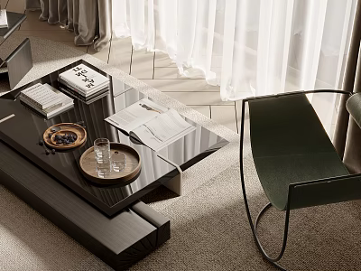 Modern Luxury Black Glass Top Coffee Table With Tray Books Glass And Green Chair 3d model