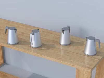 Four Silver Electrical Kettles Placed On Wooden Shelf For Daily Use 3d model