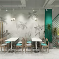 Modern Milk Tea Shop Interior With Teal Walls Arched Designs Green Plants And Fruit