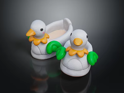 White Ducks Toy Decorations With Yellow Beaks And Green Wings On Dark Background 3d model