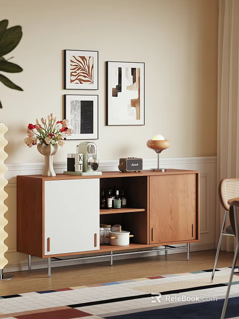 Modern Cozy Interior Sideboard With Flower Vase Coffee Machine Radio And Table Lamp Wall Art 3d model 