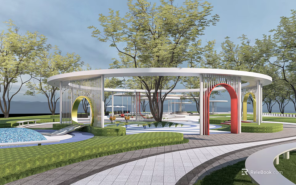 Beautiful Park Landscape With White Curved Pavilions Colorful Arches Lush Trees And Paved Walkways 3d model 